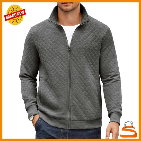 Men's Quilted Zip Up Sweatshirt Jacket Lightweight Mock Neck Casual